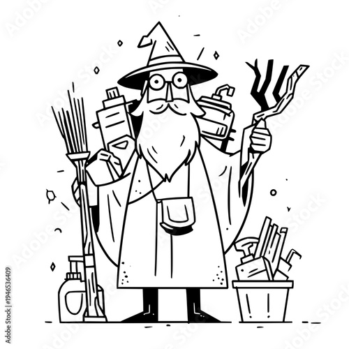 Cartoon wizard with magical tools and potions in a fantasy setting