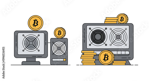 Computer hardware with bitcoin graphics.