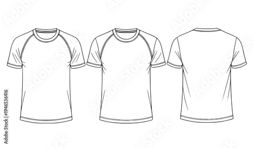  Raglan t shirt outline template with front back and side views, casual apparel mockup in minimal line art vector style isolated on light background
