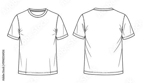 Blank t shirt outline template with front and back views, simple apparel mockup in minimal line art vector style isolated on light background