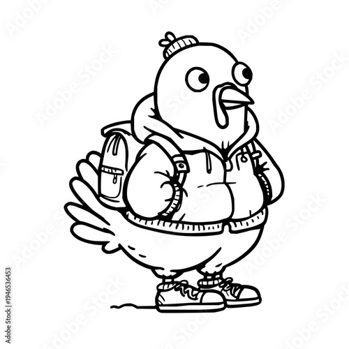 Cartoon chicken wearing backpack and sneakers standing confidently with a bottle dressed in a hoodie and beanie on a plain white background