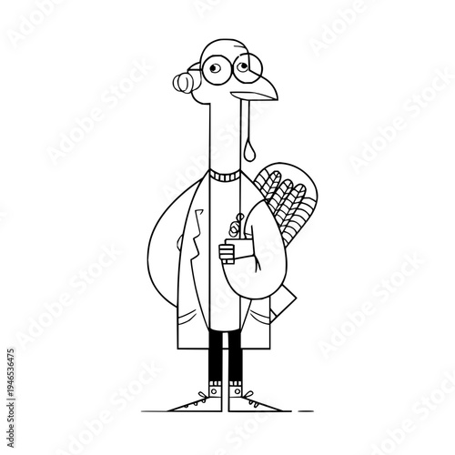 Sad cartoon turkey in lab coat holding flask wearing glasses and headphones feeling stressed or overwhelmed