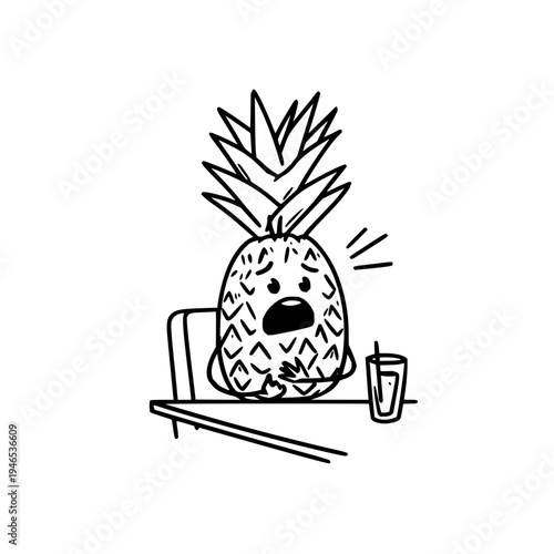 Surprised pineapple character sitting at a table with a drink expressing shock or amazement in a cartoonish illustration