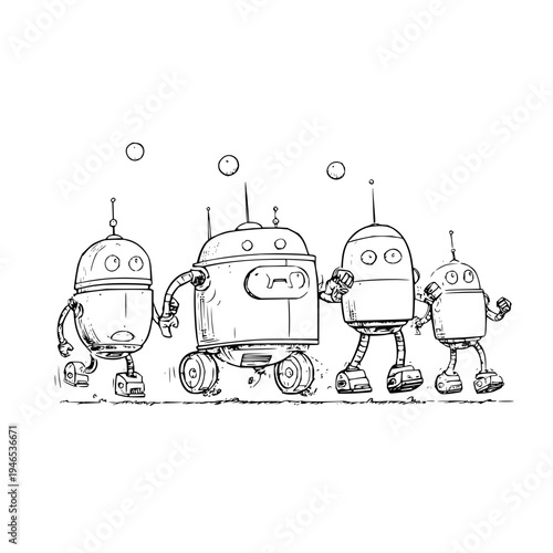 Four cartoon robots standing together in a line with a white background smiling and waving with antennae on their heads and various mechanical limbs in a black and white