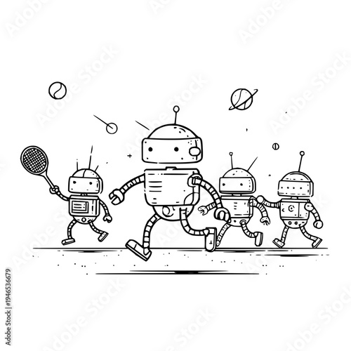 Four robots playing tennis together on a court with planets and balls flying around them in a fun cartoonish scene