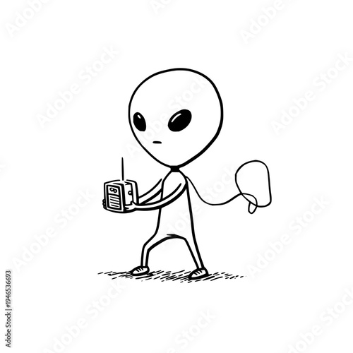 Alien character holding a walkie talkie with a speech bubble standing on ground with a concerned expression in a simple line drawing style