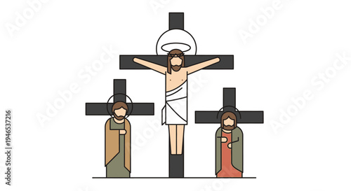 Flat 2D Christian icon vector illustration depicting the crucifixion of Jesus Christ with two figures on crosses, symbolizing faith and sacrifice and religious story