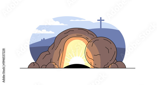A flat 2d vector illustration of the resurrection of Jesus Christ, symbolizing hope and new beginnings in Christianity