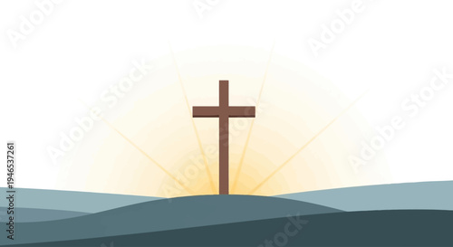 A flat 2D vector poster illustration depicting the solemn commemoration of Good Friday, featuring a stylized crucifixion scene with a radiant sunburst and tranquil landscape