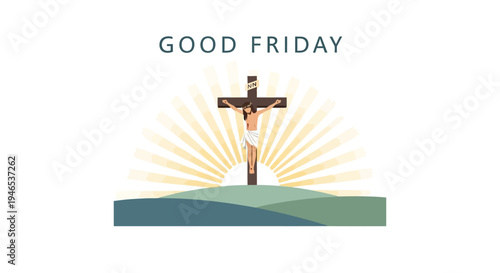 Good Friday vector poster illustration with Jesus on the cross and sun rays, symbolizing hope and sacrifice