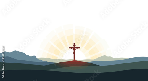 Vector illustration of a solitary cross on a hilltop at sunrise, symbolizing hope and redemption