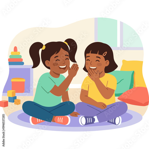 Two young girls sitting on a mat laughing and sharing a secret in a playroom