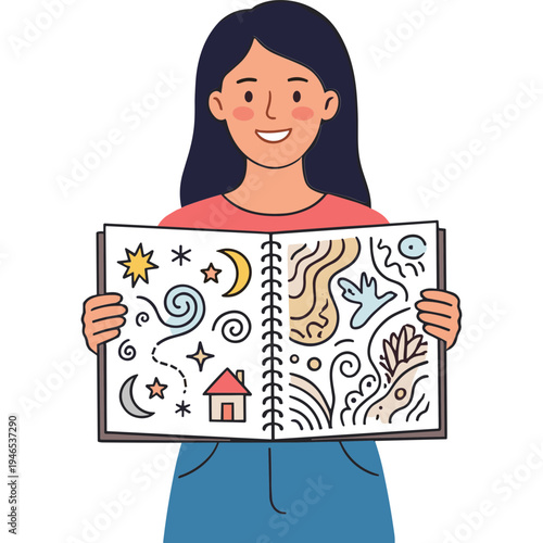 A girl shows an open sketchbook with drawings of a house, moon, stars, and abstract patterns.