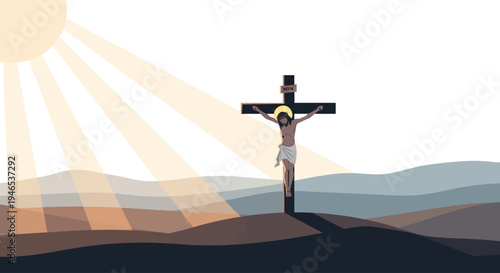 Flat 2D vector poster illustration of Good Friday with sun rays illuminating the cross and landscape