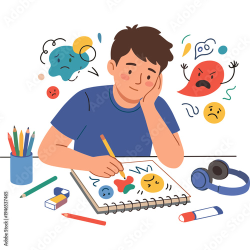 A young boy sits at a desk, illustrating various emotions in his notebook.