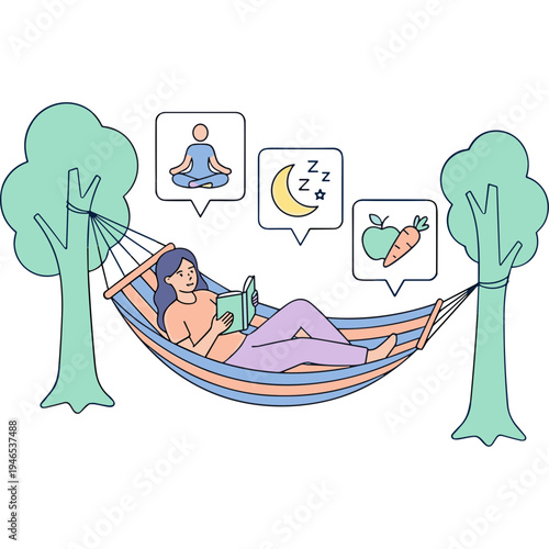 A woman relaxes in a hammock between trees, meditating and dreaming of sleep, food, and nature.