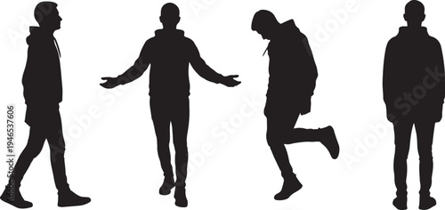 A collection of four distinct black silhouettes of men wearing hoodies in various active poses
