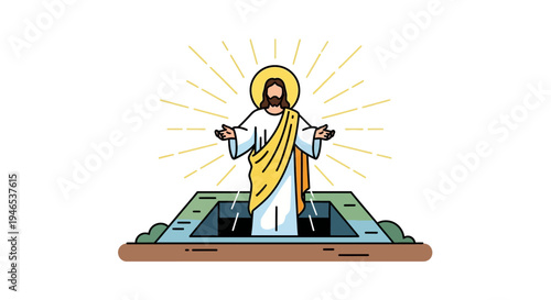 Divine awakening vector illustration of a holy figure with a halo rising majestically from an open tomb, bathed in glorious light, symbolizing spiritual rebirth and resurrection concept