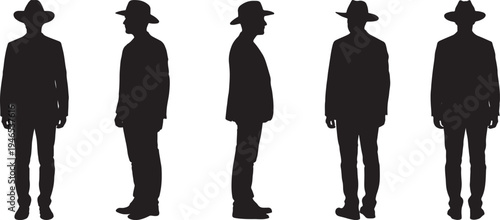 A collection of five silhouetted figures of men wearing hats and coats standing in different poses