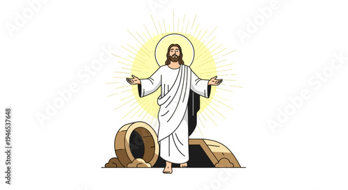 Jesus Christ Rising From Tomb Vector Illustration - Easter Celebration