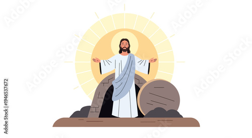 Vibrant vector illustration showcasing a divine figure's resurrection from an empty tomb, bathed in light, symbolizing hope, new life, and spiritual awakening, ideal for inspirational projects