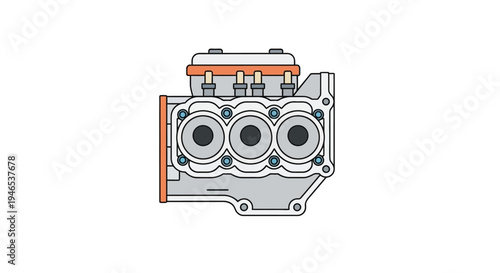 Automotive engine block flat 2D vector illustration, an internal combustion mechanical component for vehicles, depicting detailed machinery and power system parts