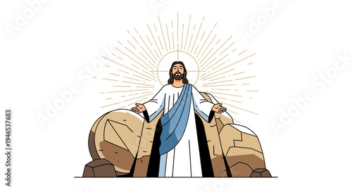 Jesus Christ Vector Illustration with Rays of Light Emanating from His Head, Surrounded by Rocks