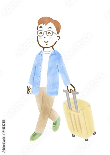 スーツケースを引いて旅行に出かける男性のイラスト