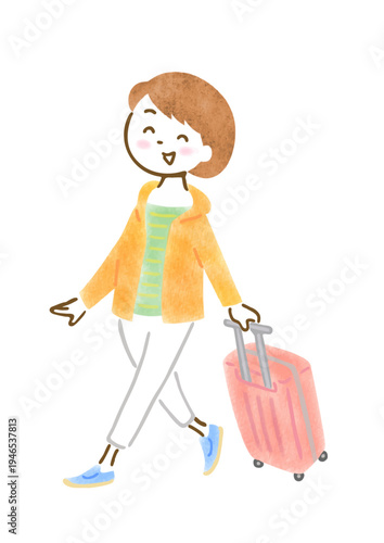 スーツケースを引いて旅行に出かける女性のイラスト