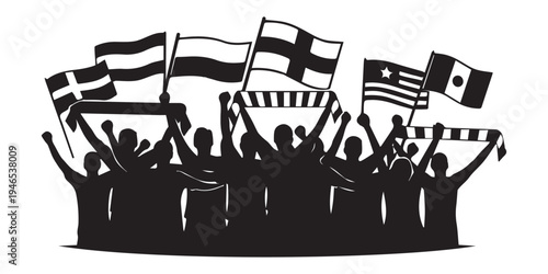 A group of people in silhouette celebrating with flags, conveying a sense of unity and festivity on a white background, ideal for themes of freedom, celebration, and community.