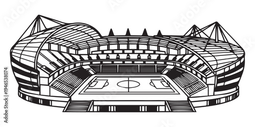 A black and white illustration of a modern soccer stadium with a large seating area and a soccer field, perfect for sports-related projects.