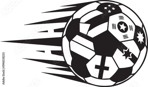 A black and white illustration of a soccer ball speeding through the air with motion lines, conveying energy and movement.