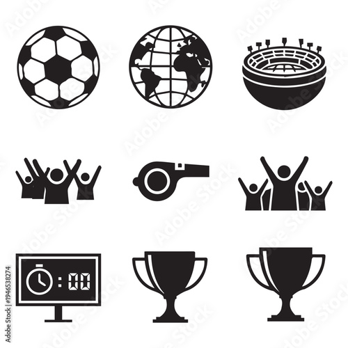 A collection of black and white icons representing global sports competition, including a soccer ball, globe, stadium, cheering crowds, referee whistle, scoreboard, and trophies.