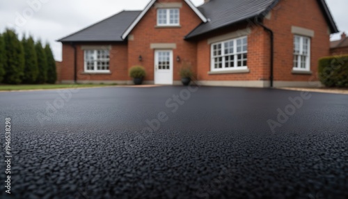 Freshly laid asphalt driveway in front of a modern brick house.
