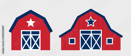 Set of USA patriotic red barn flat vector illustration for Independence Day design.
American farmhouse barn icon illustration for Fourth of July celebration.