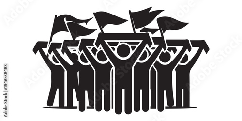 A group of people standing together in unity, holding flags and raising their arms in a symbol of protest, activism, and solidarity on a white background.