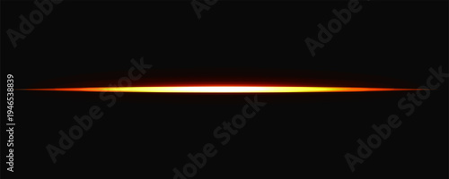 A single, sharp, horizontal glowing light ray with a warm golden and orange gradient, appearing as a clean anamorphic lens flare. Creating light streaks, energy lines, cinematic intros.