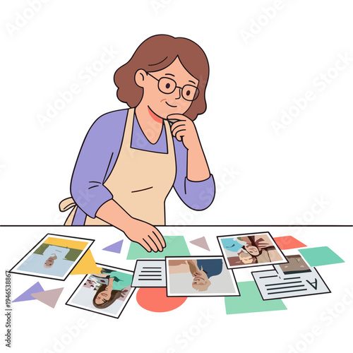 Woman in apron examines photos on table with papers and colored shapes