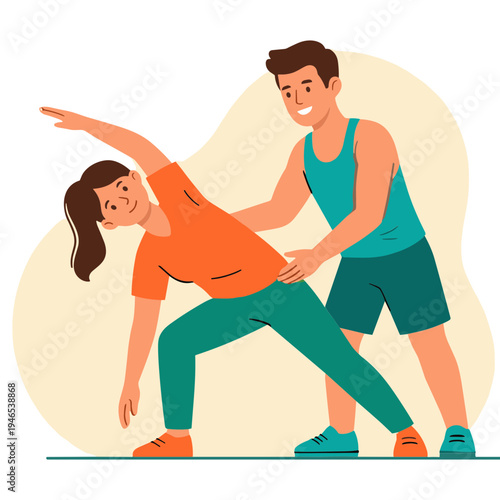 Man assisting woman stretching in gym class with instructor