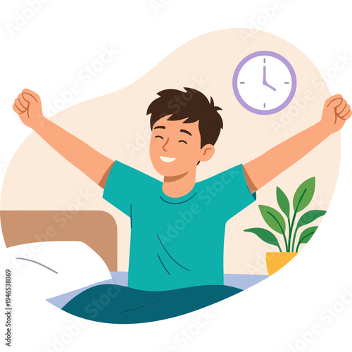 Man waking up in bed with arms raised in happiness at home