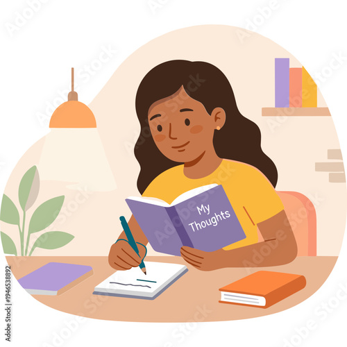 A young girl reads a book and writes in her notebook at home.
