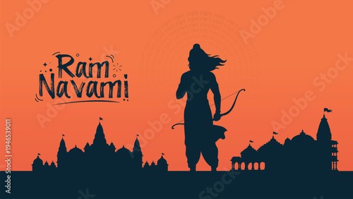 Ram Navami Poster With Lord Rama Silhouette And Temple Skyline