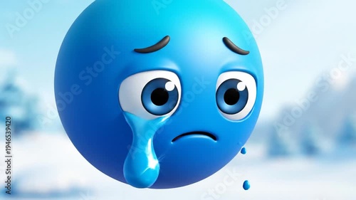 Sad Blue Smiley Emoji Face in Winter Landscape