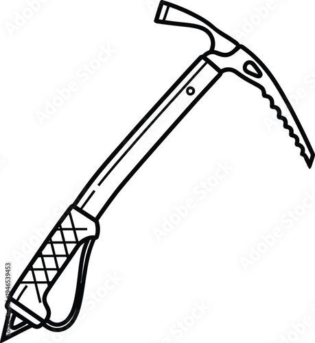 Detailed illustration of a climbing ice axe with ergonomic handle