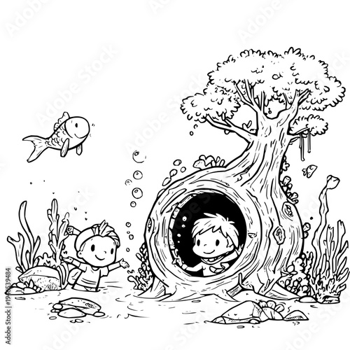 Two children explore underwater scene with tree hollow seaweed and fish bubbles rising