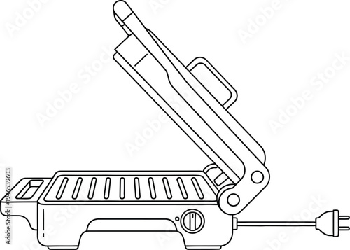 Electric panini press with open lid and power cord attached