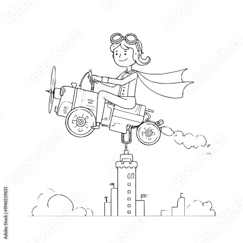 Little girl in superhero cape flying tractor over cityscape with goggles on smiling and adventurous