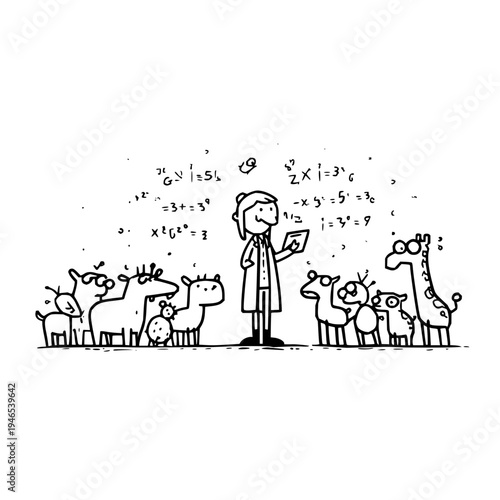 Cartoon woman teaches math to a group of animals deer giraffes and birds with equations floating around her