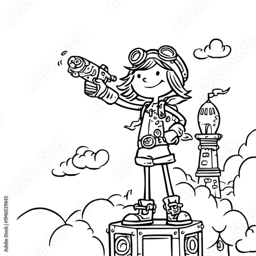 Cartoon girl in steampunk outfit stands on box with goggles and gun in clouds with tower