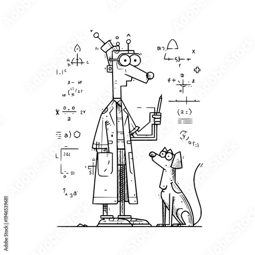 Cartoon dog scientist with dog solving math equations on white background